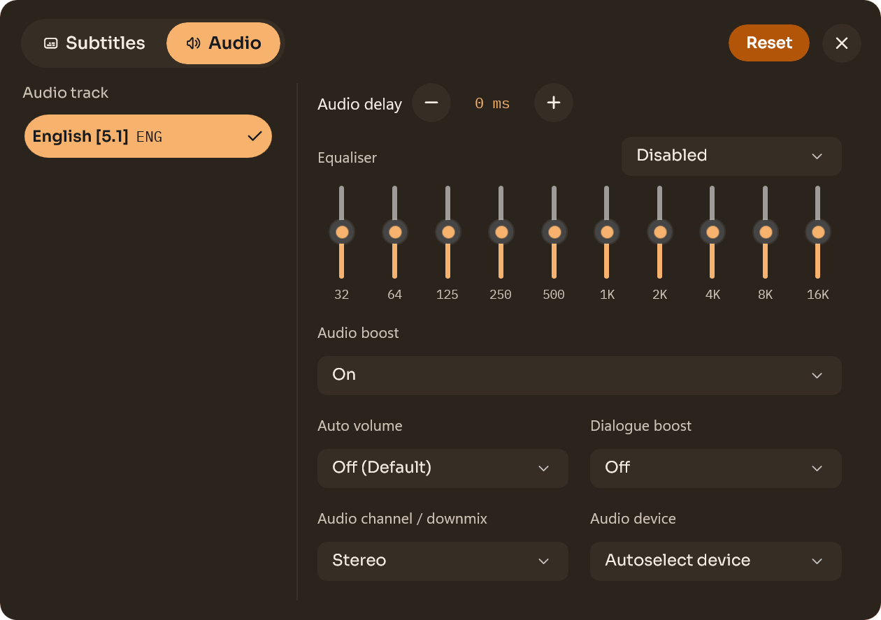 CnX's audio panel with the English 5.1 track selected and the equaliser's ten bands.