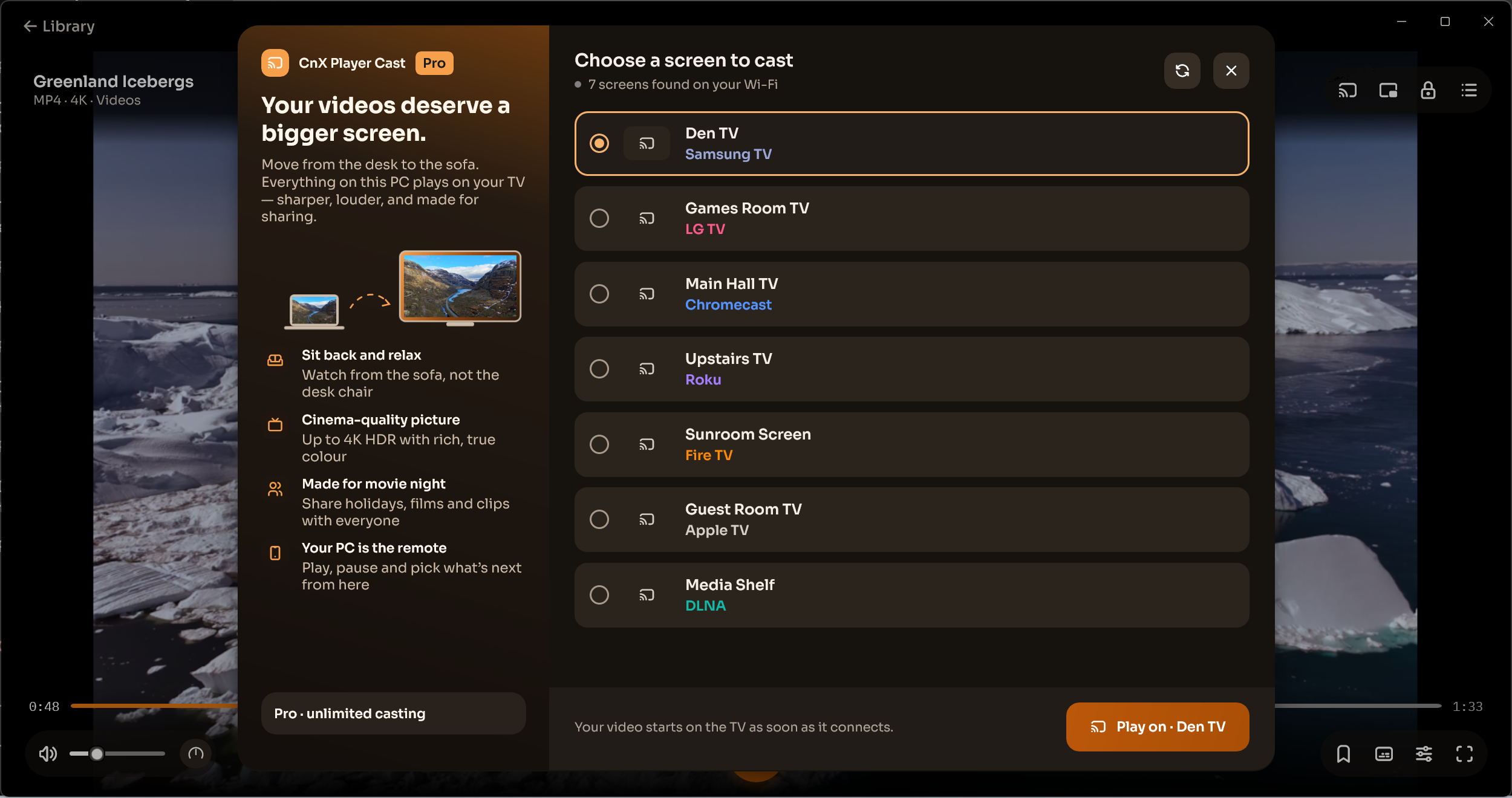 CnX Player’s casting picker lists compatible Samsung, LG, Chromecast, Roku, Fire TV, Apple TV and DLNA devices on Wi-Fi.