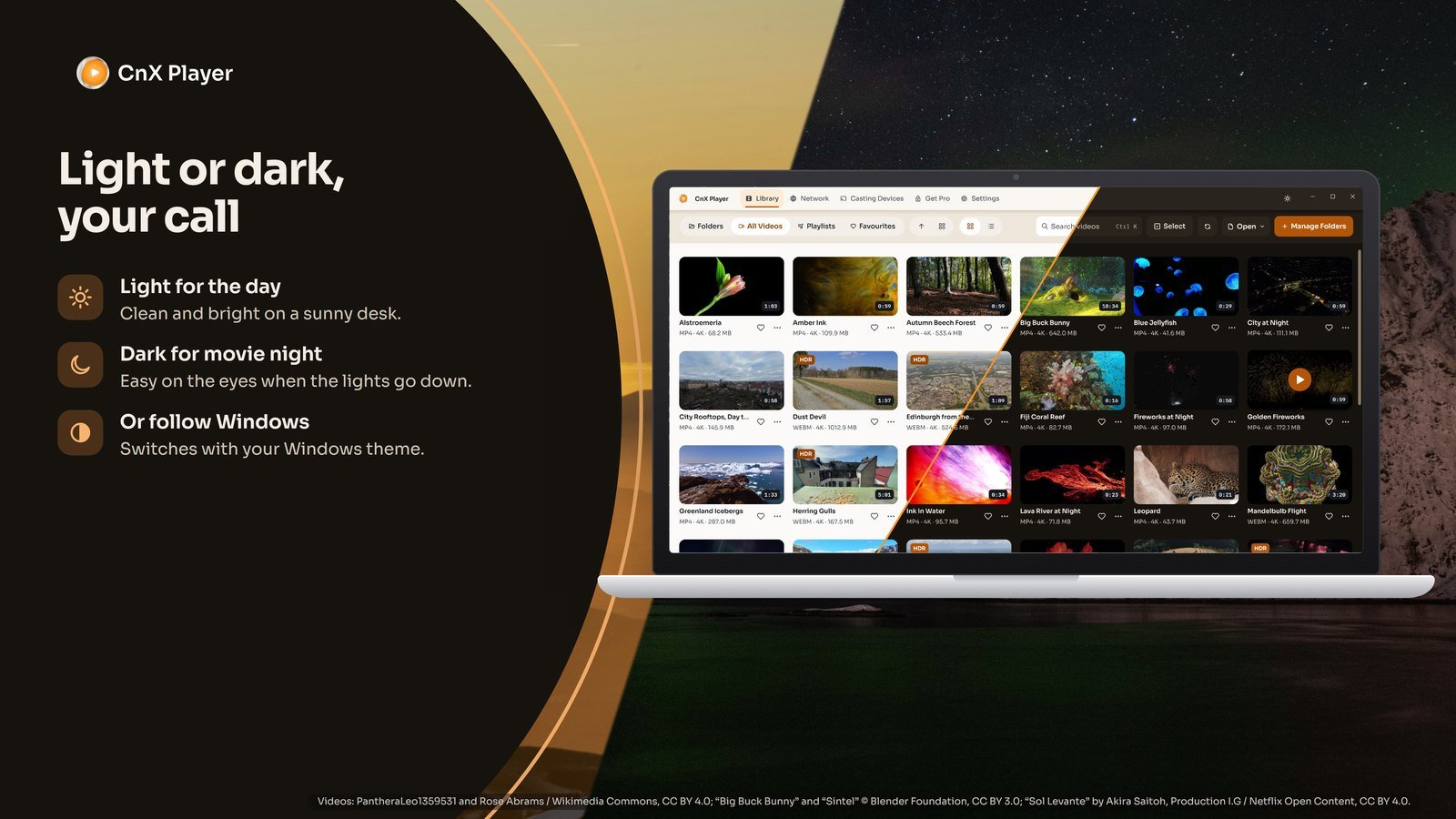 A laptop showing CnX's library half in the light theme and half in the dark theme.