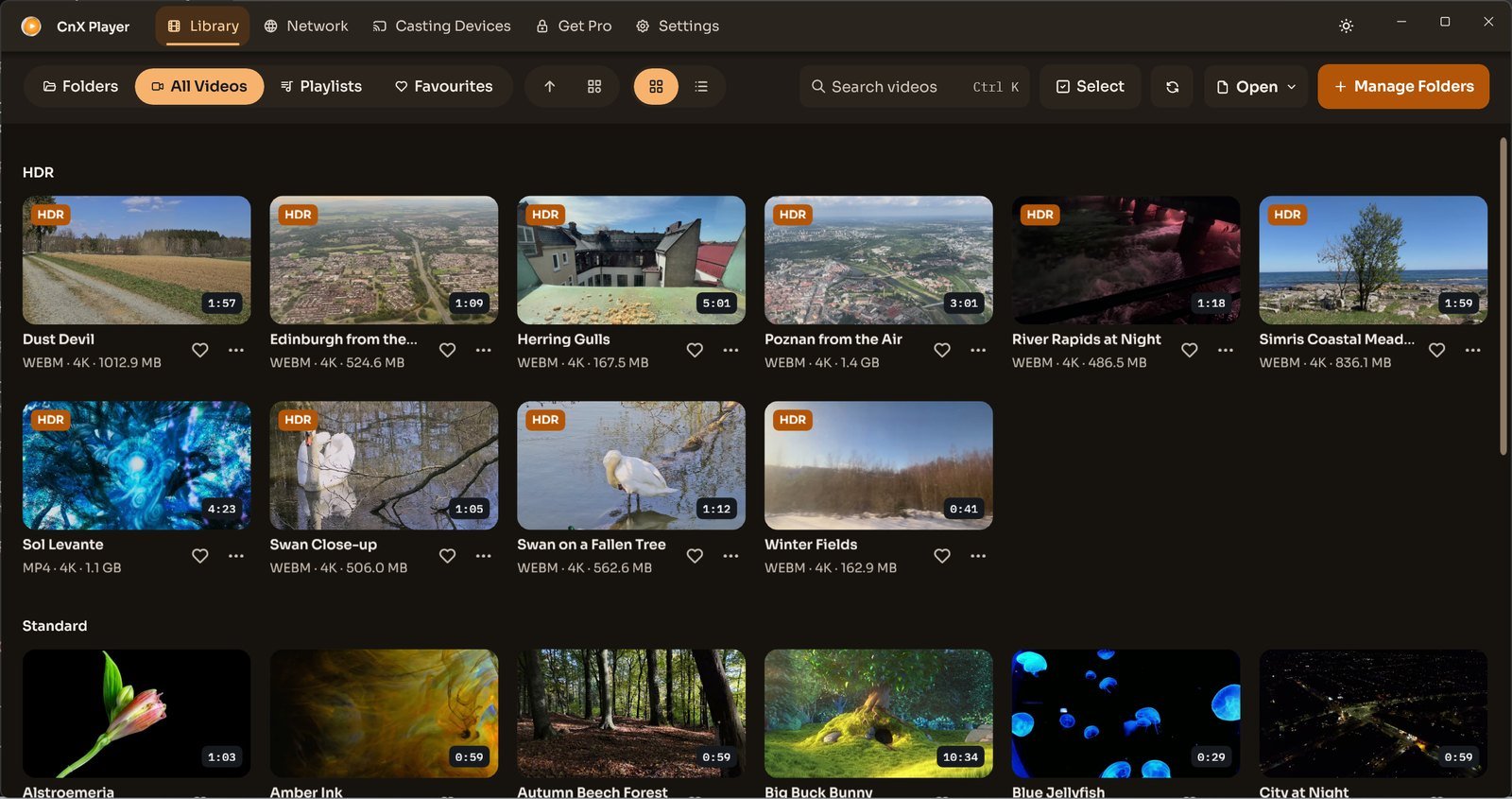 CnX's library grouped into HDR and Standard sections.