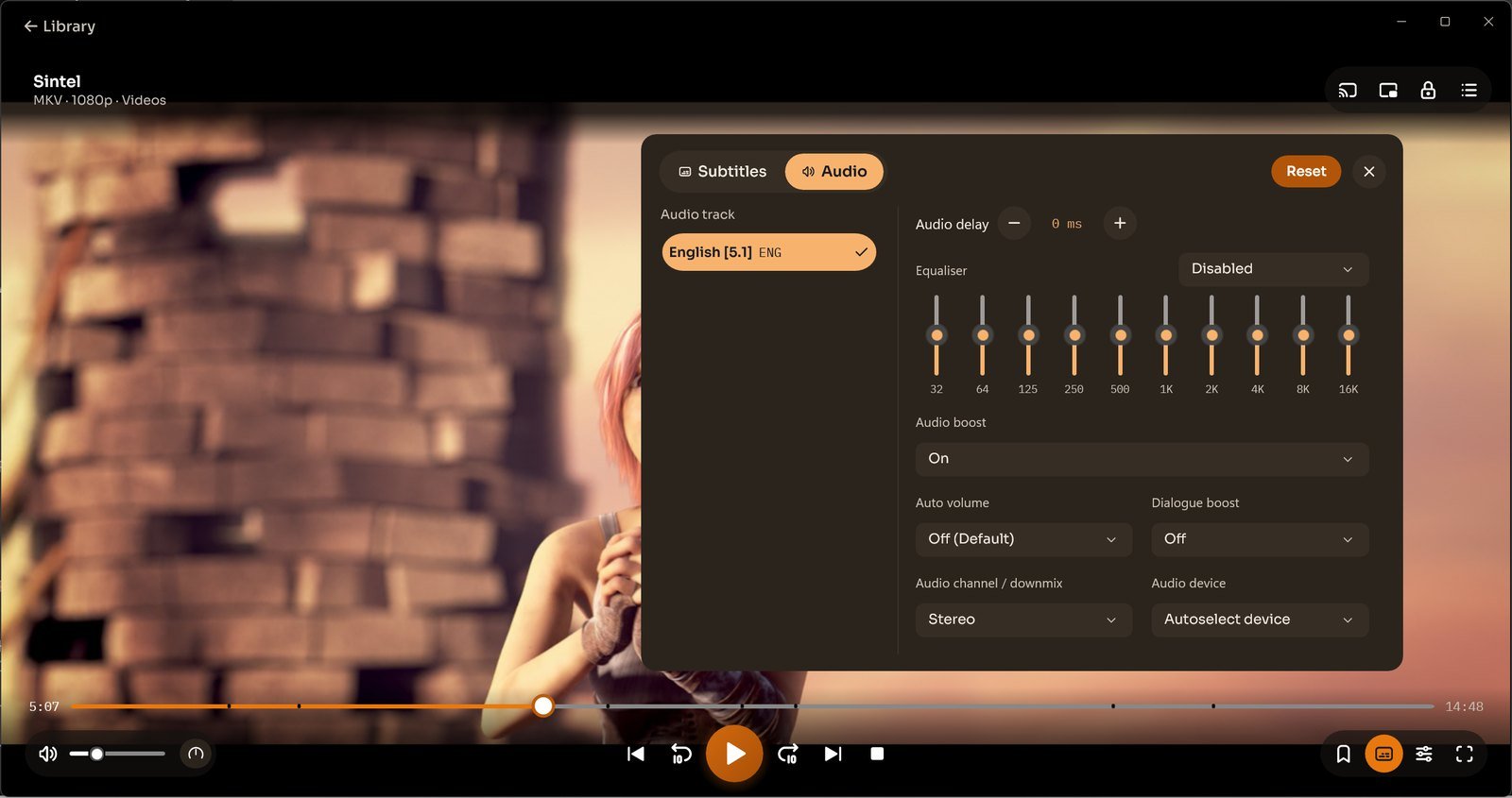 CnX's tracks panel on its Audio tab over a frame from Sintel: the audio track, audio delay, a 10-band equaliser and the sound settings.
