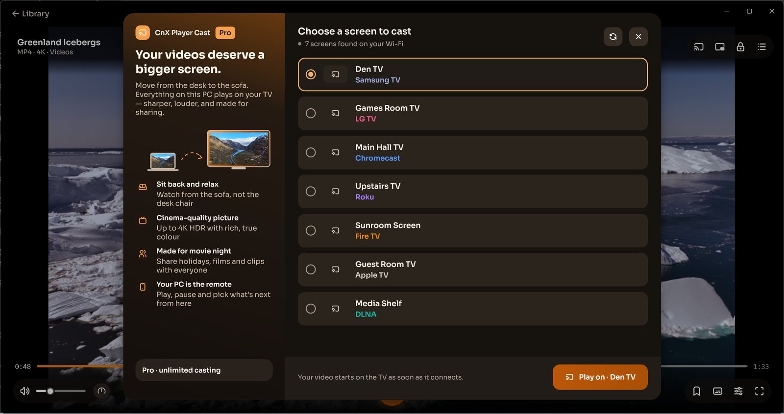 CnX's cast picker listing seven TVs (Samsung, LG, Chromecast, Roku, Fire TV, Apple TV, DLNA) over the player.
