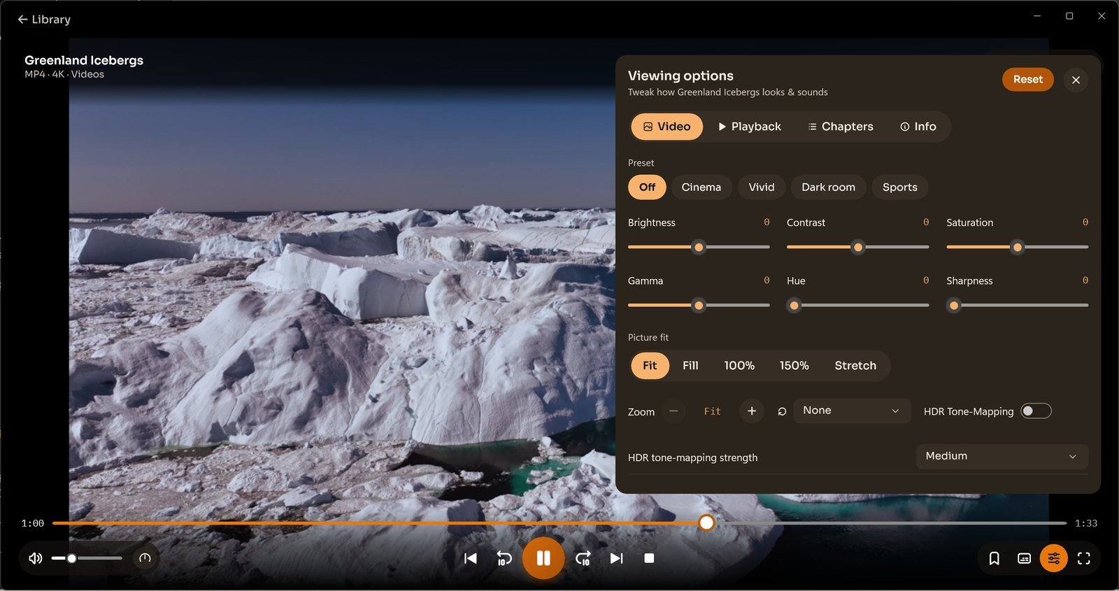 CnX's Viewing options panel open on the Video tab over an iceberg video, with presets, picture sliders and picture fit.