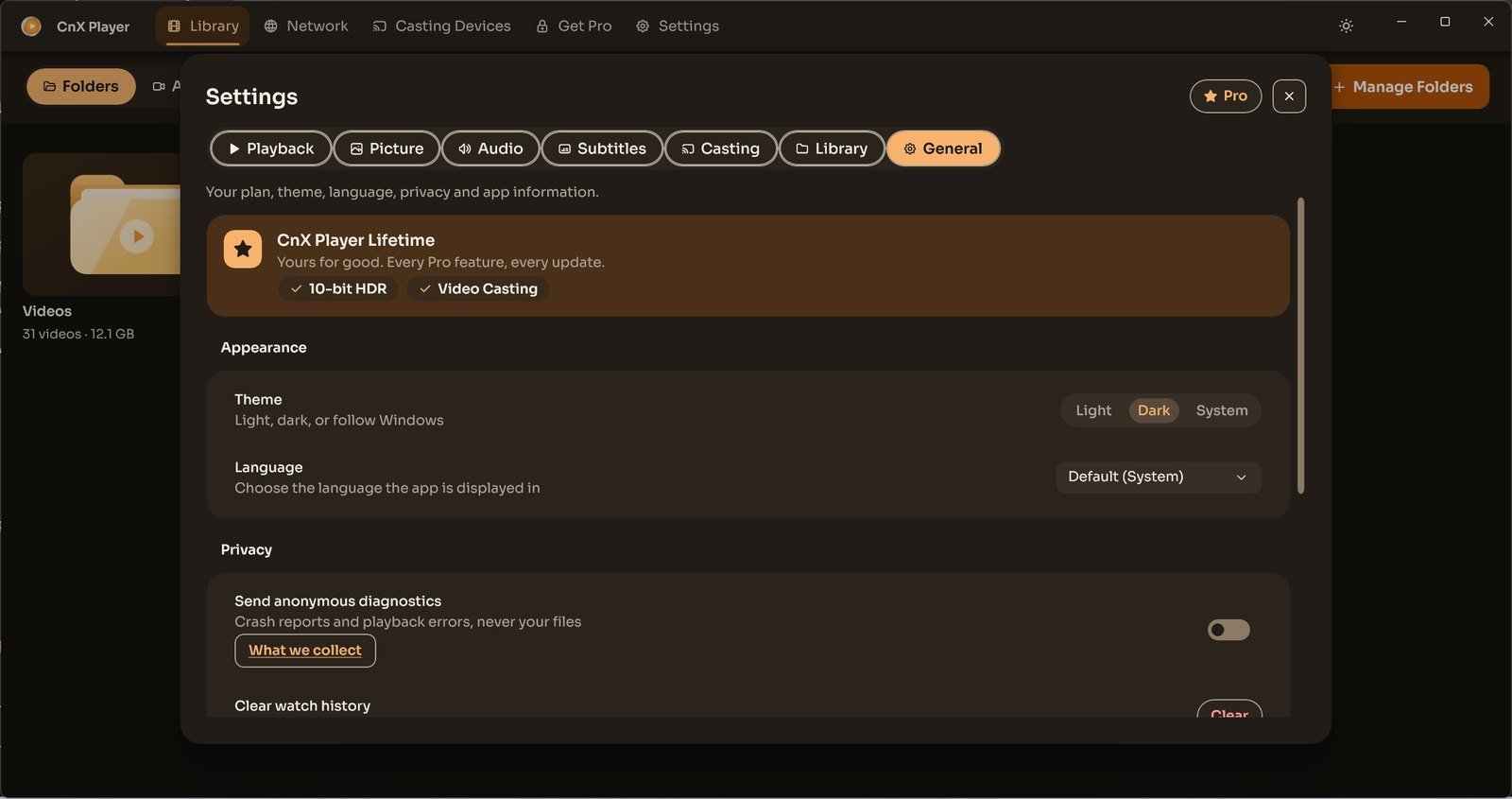 CnX Player's Settings window on the General tab, showing CnX Player Lifetime.