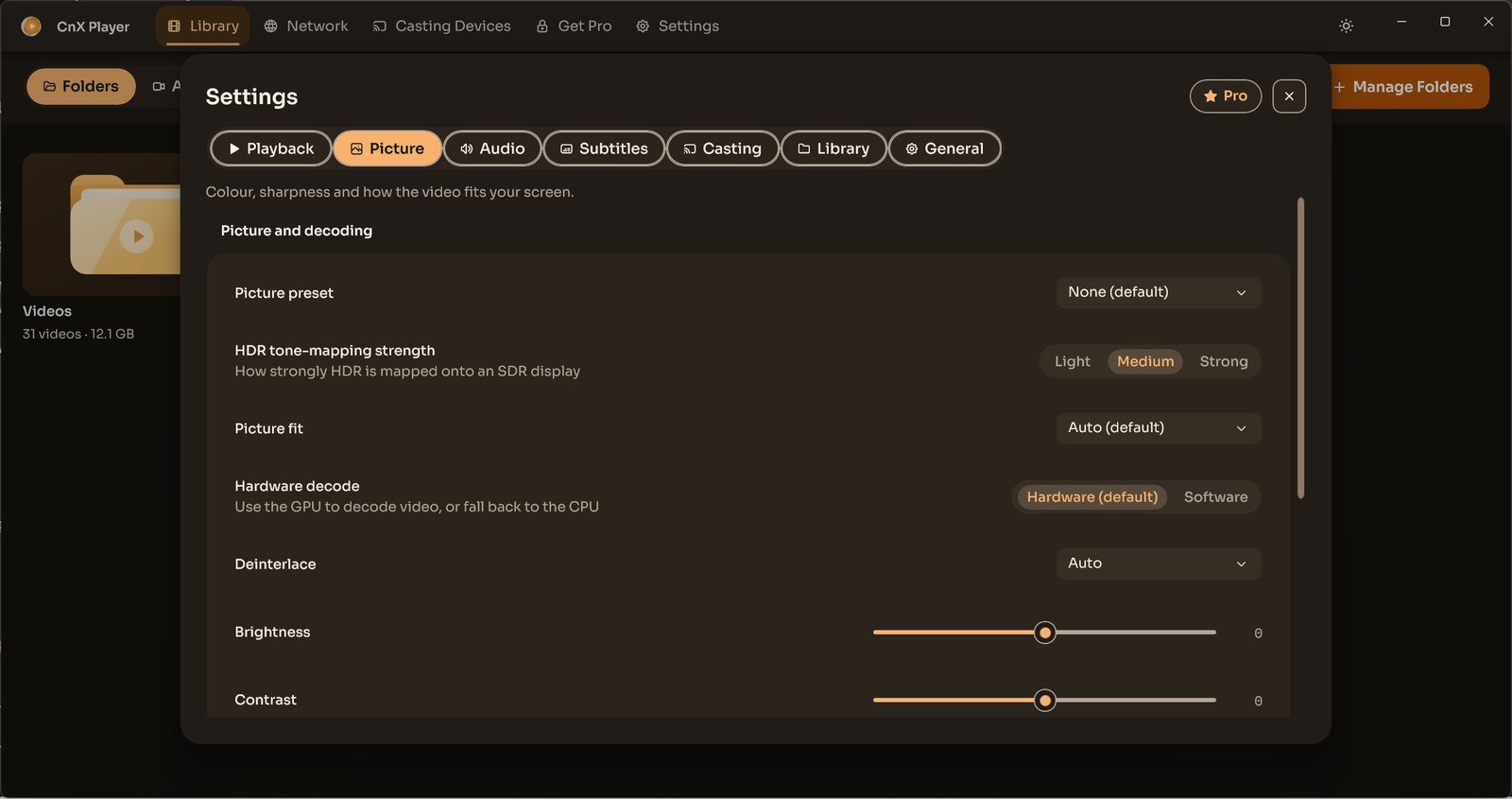 CnX Player's Settings window on the Picture tab.