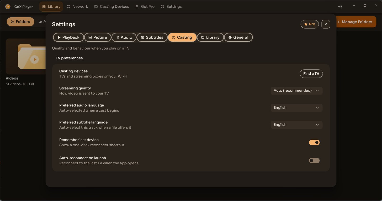 CnX Player's Settings window on the Casting tab.