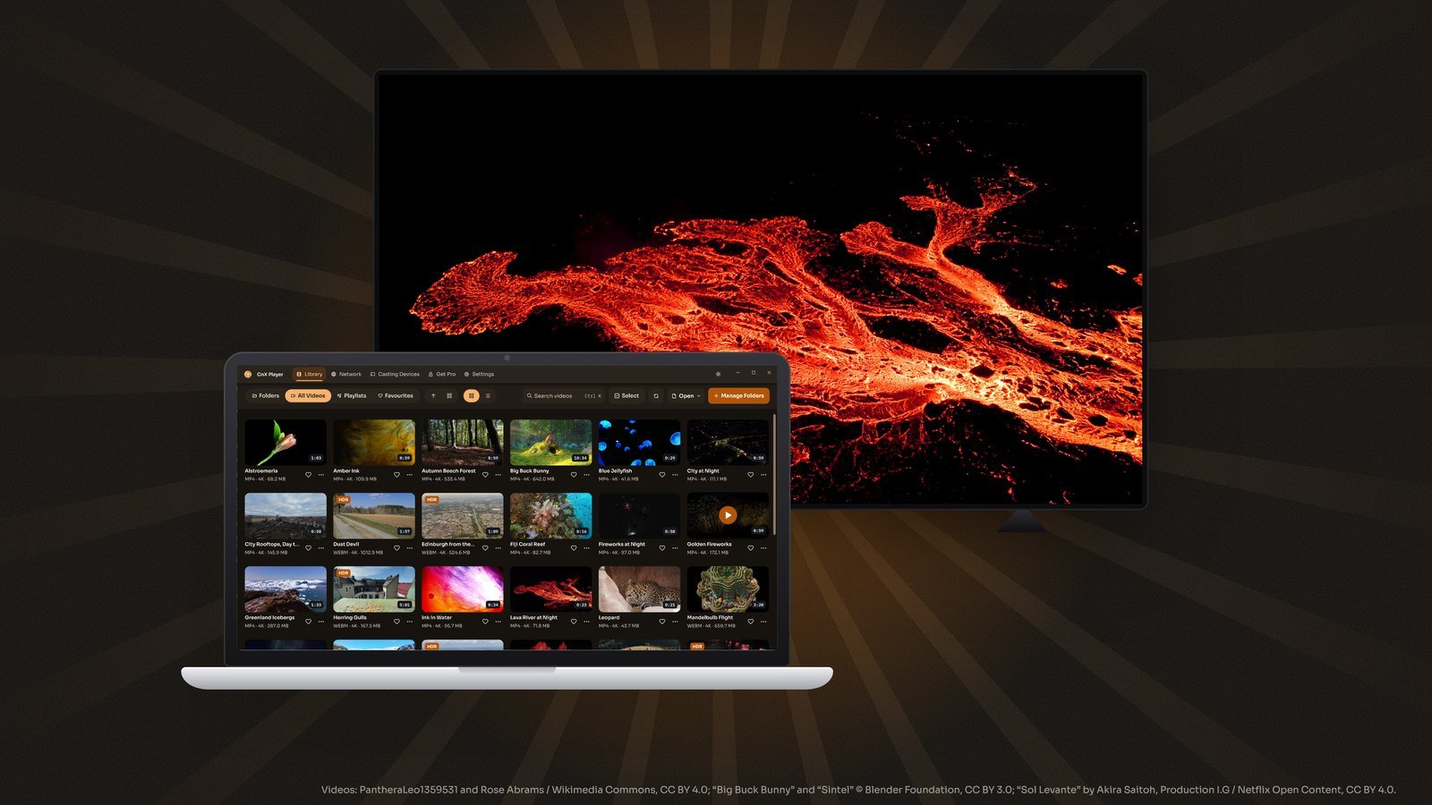 A TV showing a lava flow and a laptop showing CnX's video library, on a dark amber background.